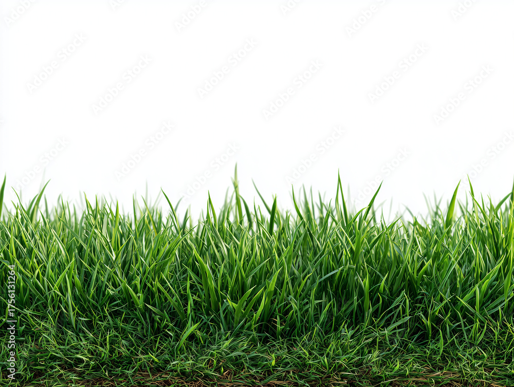 Fototapeta premium green grass blades against a stark white background creating a clean border
