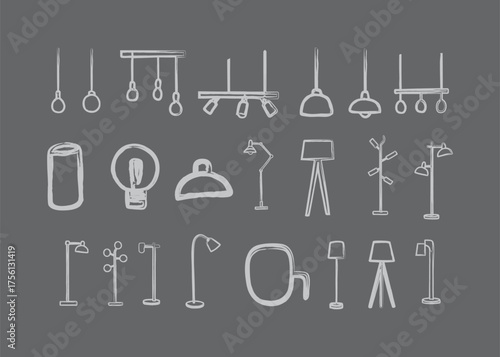 Collection of various lamps and lighting fixtures hand-drawn sketches presented on a dark gray surface vector