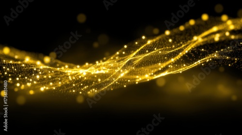 Golden wave of shimmering light particles creating a mesmerizing abstract background in a dark atmosphere for design and creative projects
