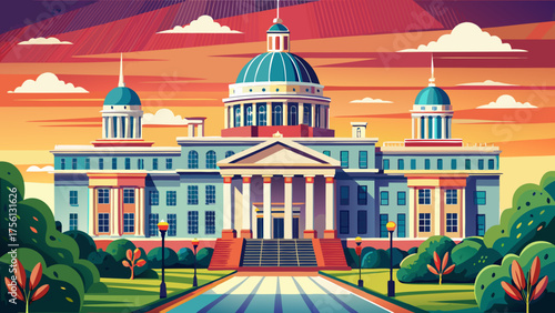 Very beautiful Alabama State Capitol in Montgomery, USA, showcasing historic architecture, grand white columns, lush green lawns, and clear blue skies in a stately and elegant urban setting.