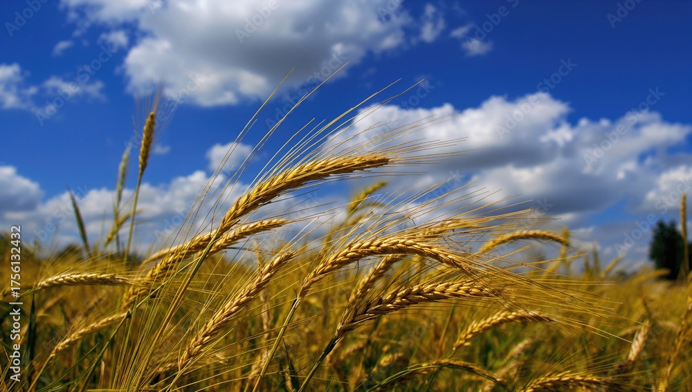 Fototapeta premium Close-up of mature golden wheat under a clear blue sky