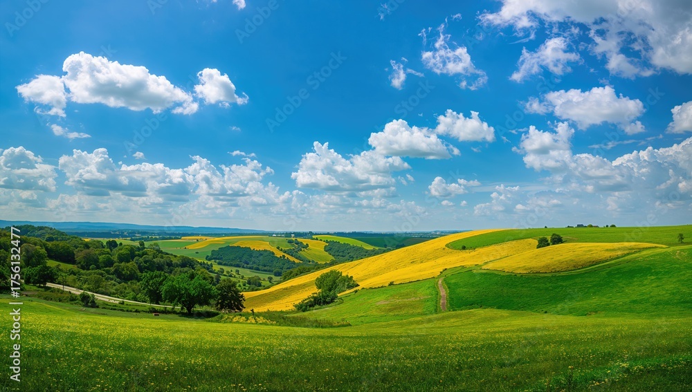 Fototapeta premium Stunning azure sky over lush green and yellow scenery