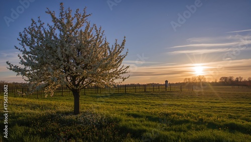 Blooming tree at dawn with sun rays in spring