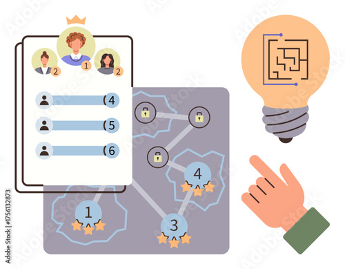 Workflow board with leaderboard, interconnected network score map, hand pointing at lightbulb with puzzle concept. Ideal for gamification, teamwork, innovation, problem-solving, goal tracking