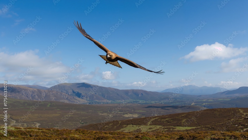 Fototapeta premium Aquila chrysaetos soaring through the sky in a mountainous region