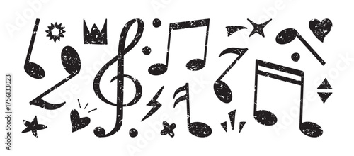 Music note charcoal, shape paint brush hand drawn, melody crayon pencil, sound kid chalk doodle, symbol grunge texture. Pastel art scribble black set isolated on white bg. Retro vector illustration