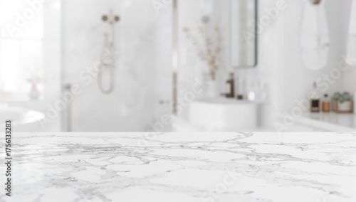 Blurred washroom setting with marble countertop ideal for product mockups or design presentations