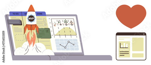 Rocket emerging from laptop with analytics dashboard, charts, and Kanban board. Red heart symbol beside secondary interface. Ideal for productivity, teamwork, innovation, analytics, growth
