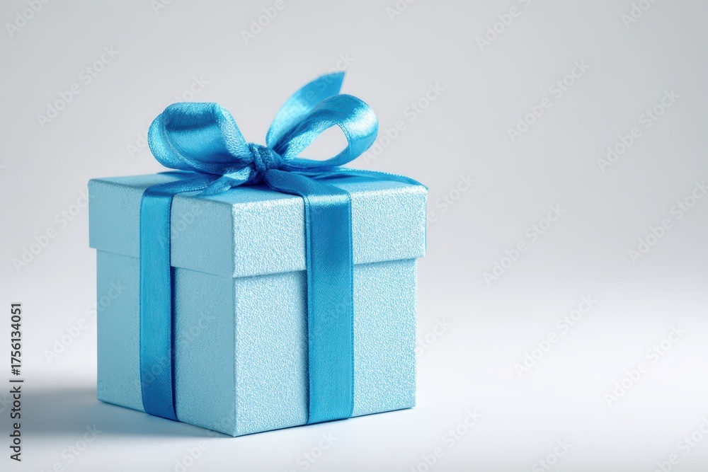 Obraz premium Gift box. One cyan colored present box tied light blue satin ribbon and bow. Joy, anticipation of receiving presents. Single 3D Giftbox neat isolated white backdrop. Distinctive festive Christmas gift