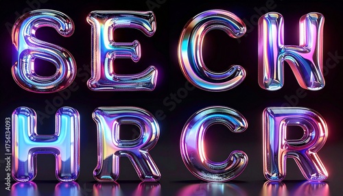 Shiny Chrome Alphabet Letters Spell Out "SECH HRCR" with a Metallic Sheen Against a Dark Reflective Surface