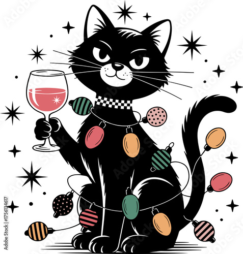 Colorful Christmas vector illustration of black cat wrapped in string lights, holding wine glass. Festive and humorous design with quote Meowy & Merlot. Holiday card, seasonal pet-themed design