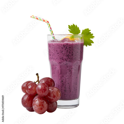 Purple Grape Smoothie with Orange Slice and Straws – Healthy Refreshing Drink on Transparent Background