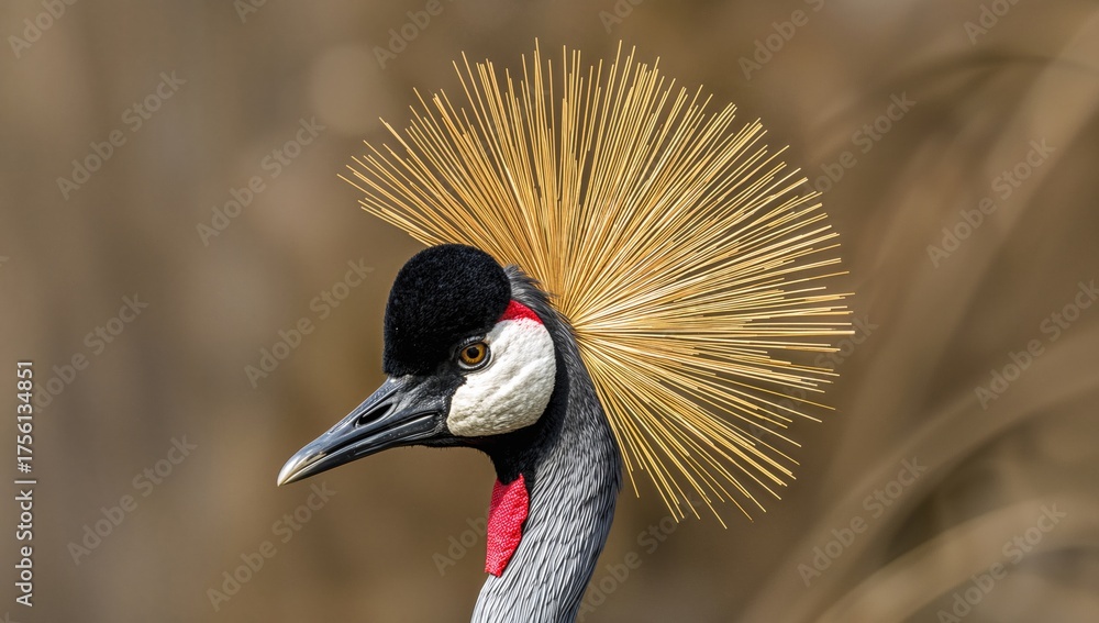 Fototapeta premium Golden-crowned crane showcasing its unique plume of bristle feathers
