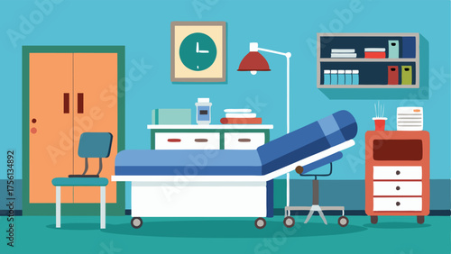 A cozy exam room with a medical bed equipment and cabinets.