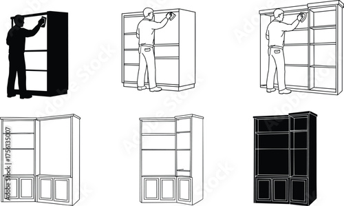 Carpenter assembling wooden cabinet, furniture installation process, professional woodworking illustration, home interior renovation, cabinetry fitting