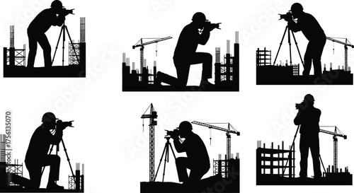 Construction surveyor using theodolite, land measurement at building site, civil engineer inspecting project area, industrial construction process, architecture planning