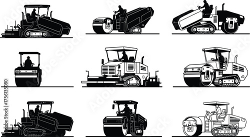 Construction Vehicles Silhouettes Set, Asphalt Paver, Road Roller, Heavy Equipment Machines, Roadwork Machines, Industrial Machinery, Road Construction Vehicles for Infrastructure Projects
