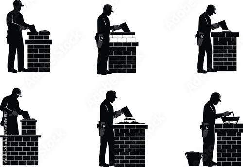 Construction worker building brick wall, mason using trowel and mortar, bricklaying process at construction site, professional builder working with bricks and cement