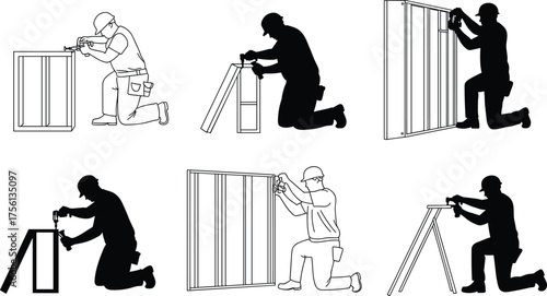 Construction worker assembling metal frame wall, builder using drill tool, home renovation illustration, carpenter working on structure, black and white silhouette vector design artwork