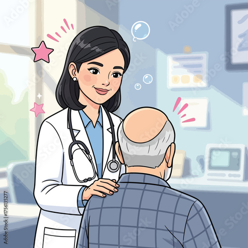  Caring doctor consults with elderly patient in medical office