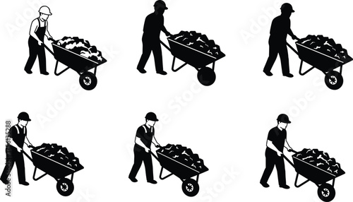 Construction worker pushing wheelbarrow full of rocks, laborer at construction site, heavy work illustration, professional builder design, black and white silhouette vector artwork