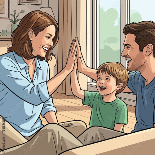  Joyful family celebrates with high fives indoors