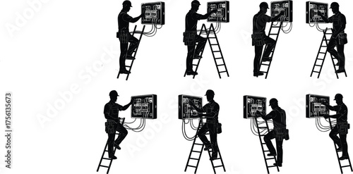 Electricians Working on Electrical Panels, Ladder Safety, Electrical Maintenance, Utility Work, Power Box Installation, Technicians Silhouette Set, Professional Electric Work Scene for Industry