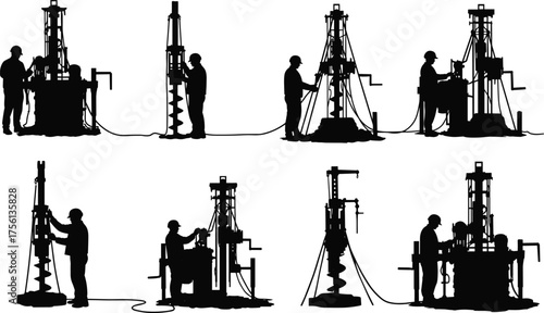 Industrial drilling machine operation, workers using drilling rig equipment, construction site engineering, soil testing, oil and water well drilling process, heavy machinery silhouette scene