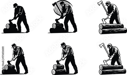 Lumberjack chopping wood with axe, vintage woodcutter illustration, man cutting logs, retro forestry worker design, logging concept, timber industry artwork, black and white silhouette vector