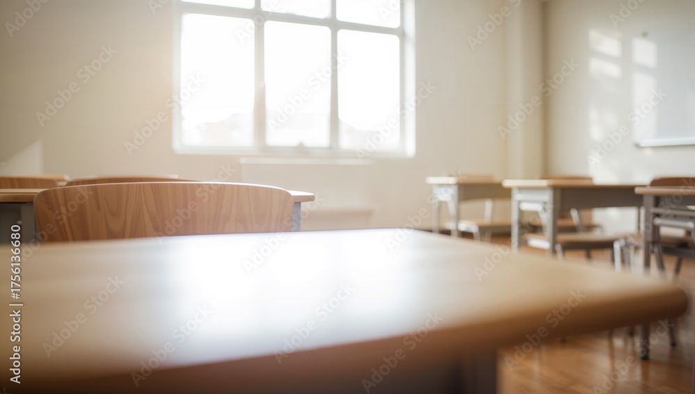 Fototapeta premium Close view of tables and seats in a bright learning room with large windows