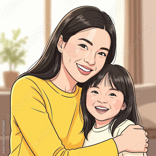  Happy mother and daughter embrace in warm sunlight