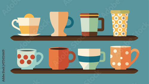 A collection of mismatched vintage coffee mugs displayed on a floating shelf.