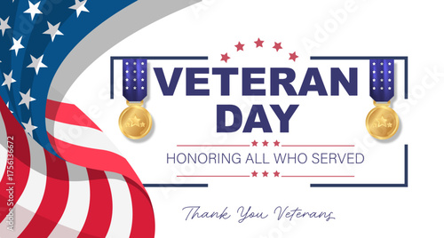 Veterans Day Template Design with US Flag and Soldier for Poster and Banner Vector Illustration. Honoring All Who Served. November 11