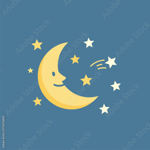 Cute Smiling Crescent Moon with Stars Illustration.