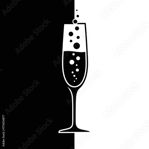 Elegant champagne glass with bubbles graphic illustration.