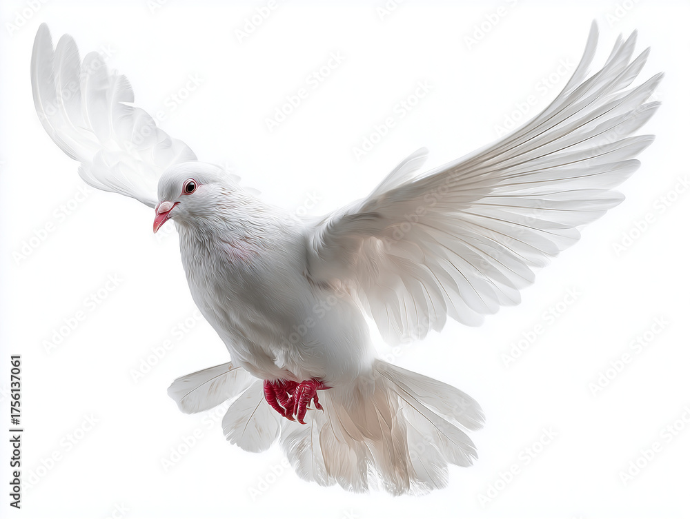 Fototapeta premium A white dove in mid flight with its wings spread wide against a bright white background in studio shot
