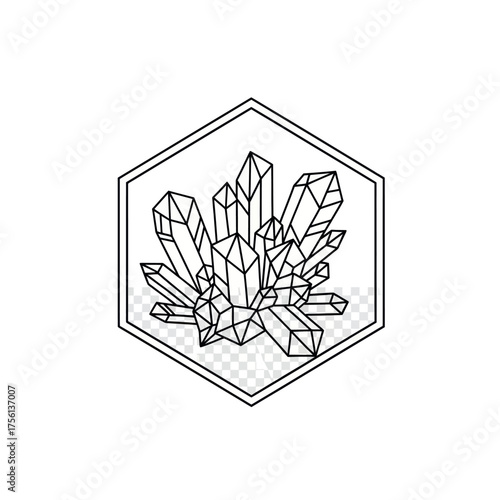 Geometric crystal cluster inside a hexagon frame line art.