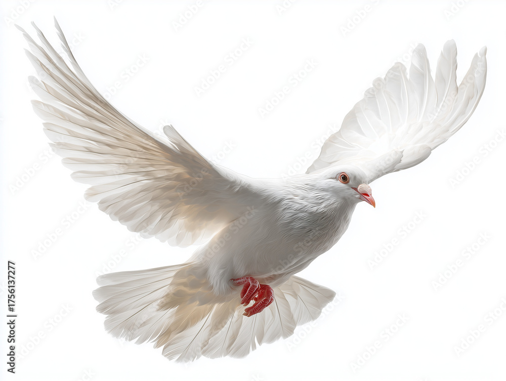 Obraz premium A white dove in flight with its wings spread wide against a plain white background in close up view