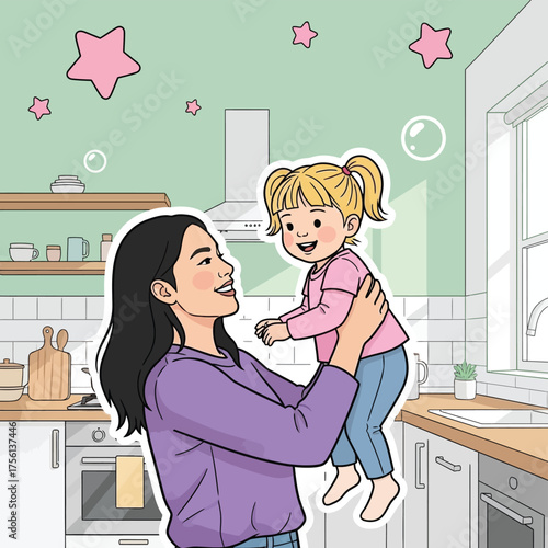  Mother lifting happy toddler daughter in a bright kitchen