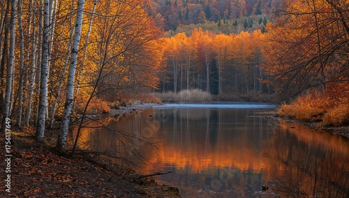 River scene featuring birch trees in fall