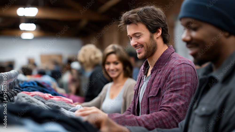 Obraz premium People browsing through clothing in a marketplace during daytime