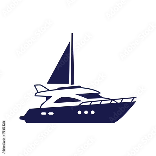 Stylized Blue Luxury Motor Yacht with Sail Icon.