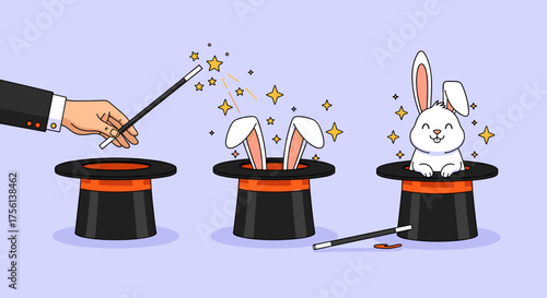 Magician's Hand Performing Magic Trick Conjuring White Rabbit from Top Hat with Wand on Stage - Entertainment Fantasy Show, Illusion Performance, Artistic Design, Children's Birthday Party Celebration