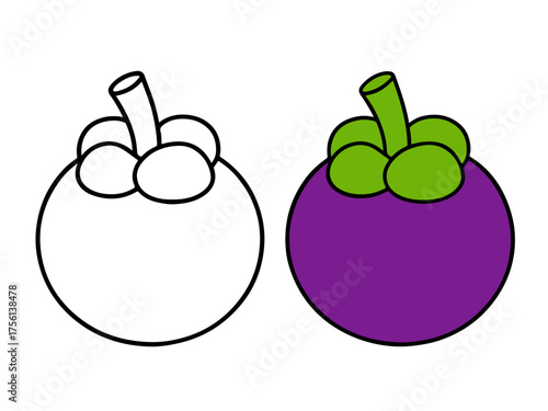 Whole mangosteen fruit with leafy stem, shown in outline and colored versions, perfect for tropical fruit or food-themed coloring pages.
