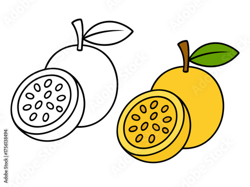 Whole and sliced passion fruit with seeds, shown in outline and colored style, ideal for tropical fruit or food-themed coloring pages and printables.