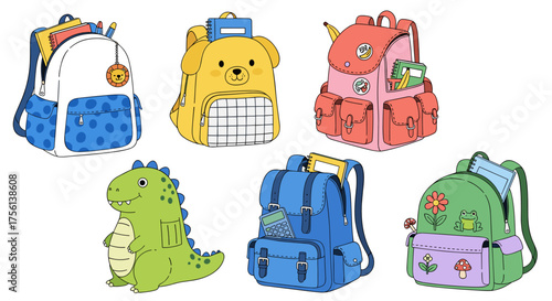 Colorful Cartoon Backpacks Collection: School Supplies Adventure for Kids, Featuring Animal Designs and Fun Graphics, Ready for Education, Back-to-School Excitement, Playful Learning, Creative Project