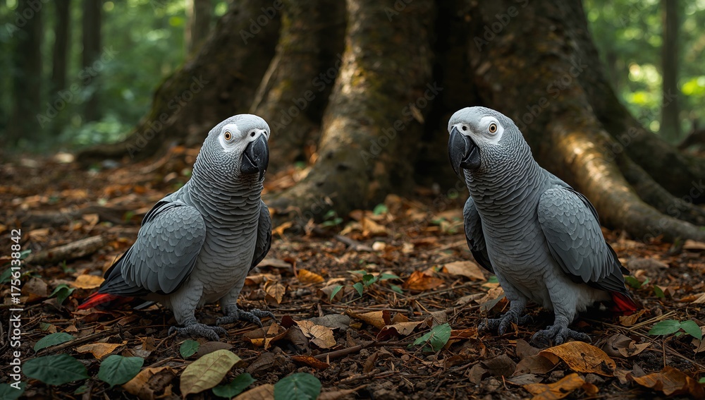 Fototapeta premium Ground-dwelling African grey parrots known as Psittacus erithacus