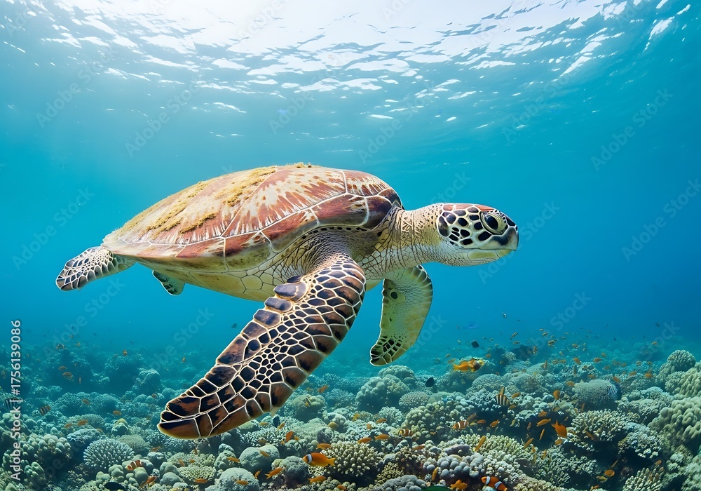 Fototapeta premium Sea turtle glides majestically over vibrant coral reef in clear blue ocean water, sunlight dappling the scene