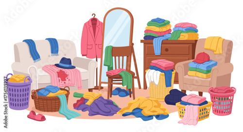 Messy Room Interior with Piles of Clothes and Scattered Objects in a Disorganized Home Environment, Concept for Clutter, Hoarding, and Cleaning Services, Laundry Overflow, Cartoon Style Illustration w