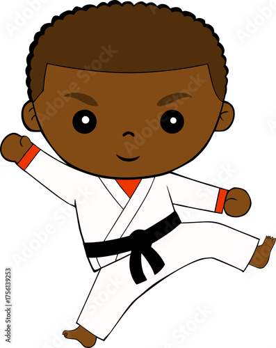 Karate kid cartoon Illustration, smiling boy athlete character.